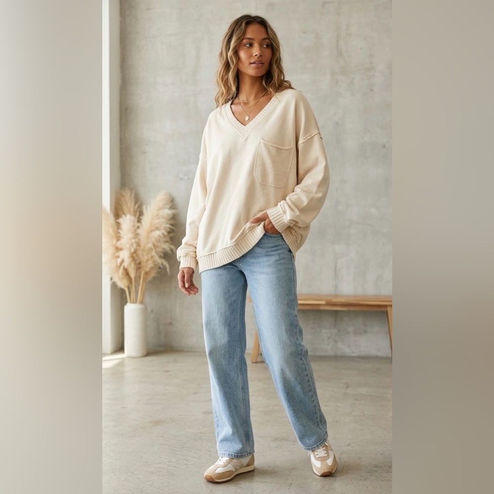 Cream V-Neck Pullover Sweater